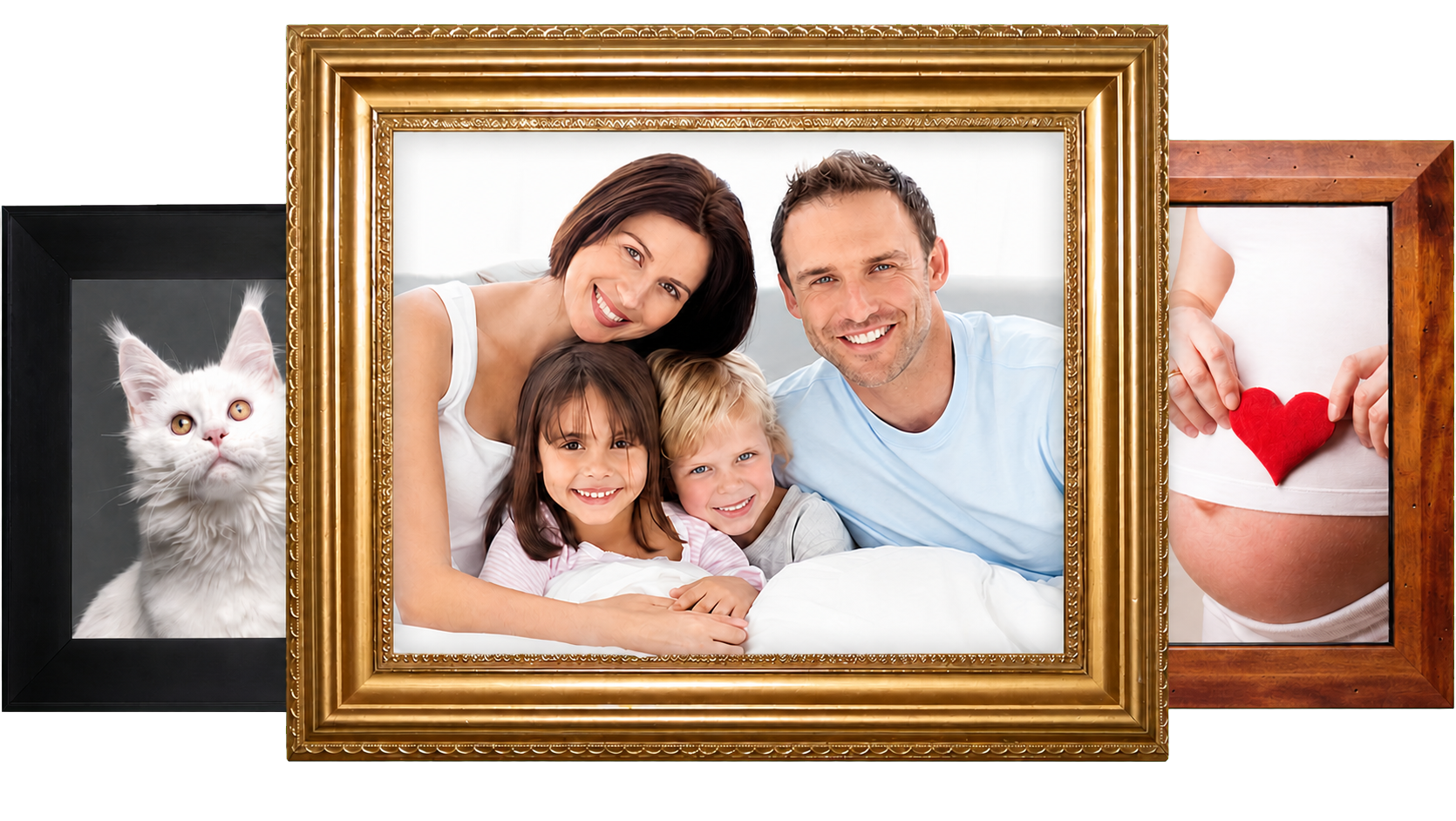 A layered collection of framed family photographs hanging as a gallery composition